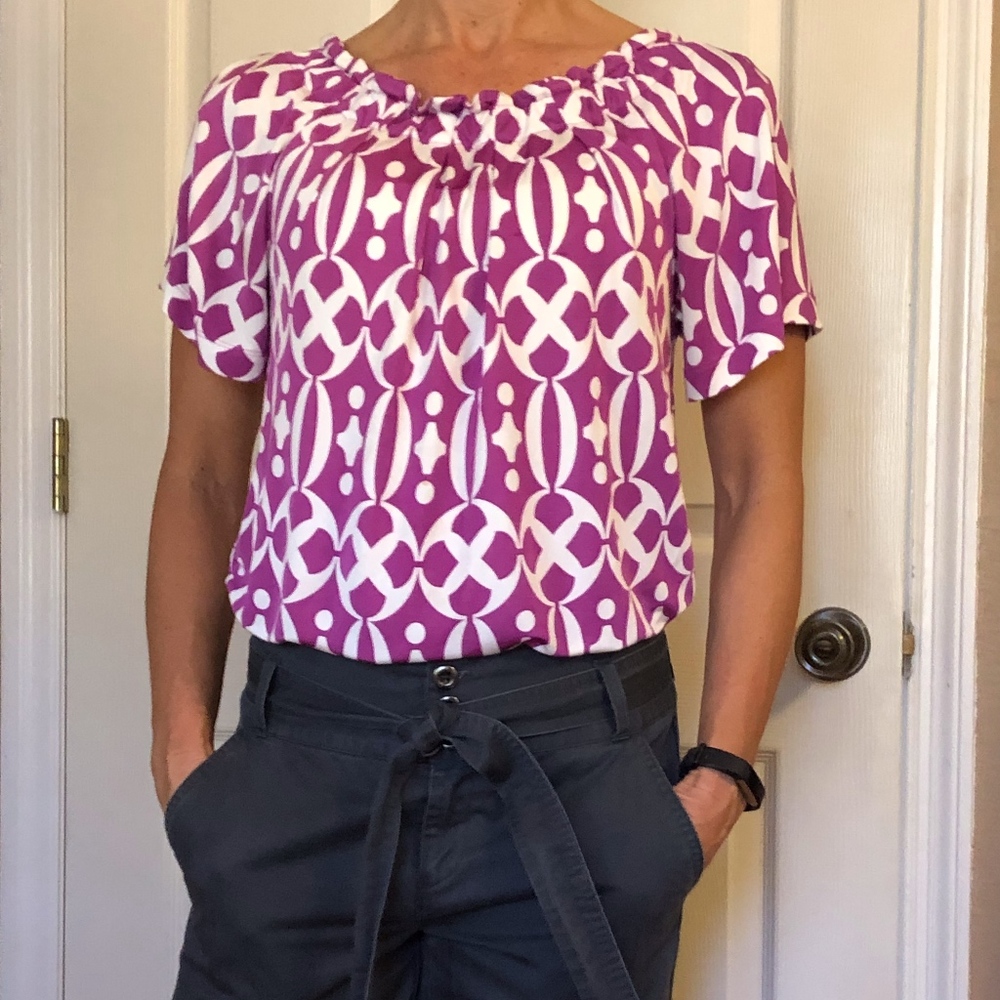 Cute Pink and White Short Sleeve Blouse.